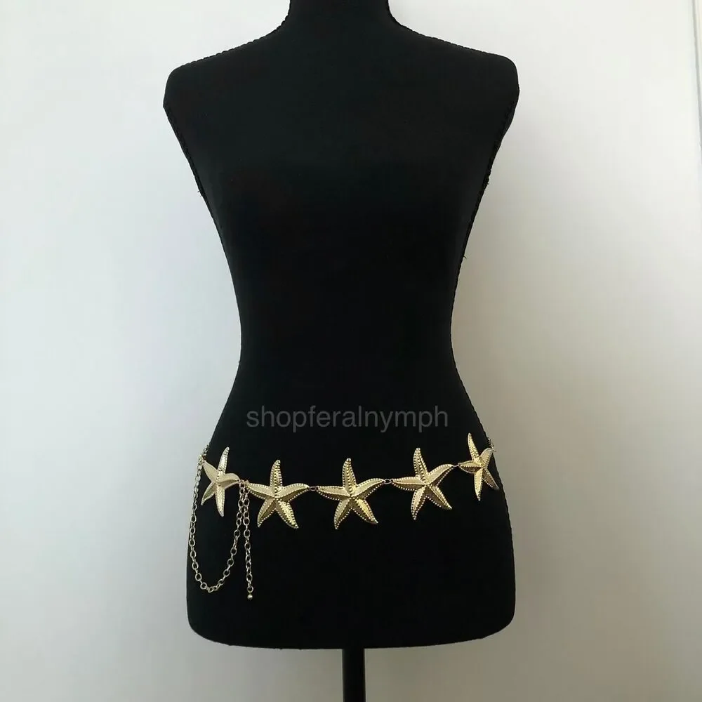 Vintage Y2K Mermaidcore Gold Starfish Chain Belt, Fits 13–44 Inches, X7GA1161